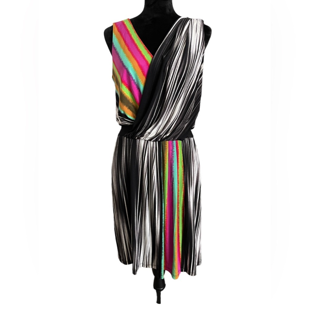 NWT Maggy London Size 10 Sleeveless Striped Wrap Bodice Dress W V Neck